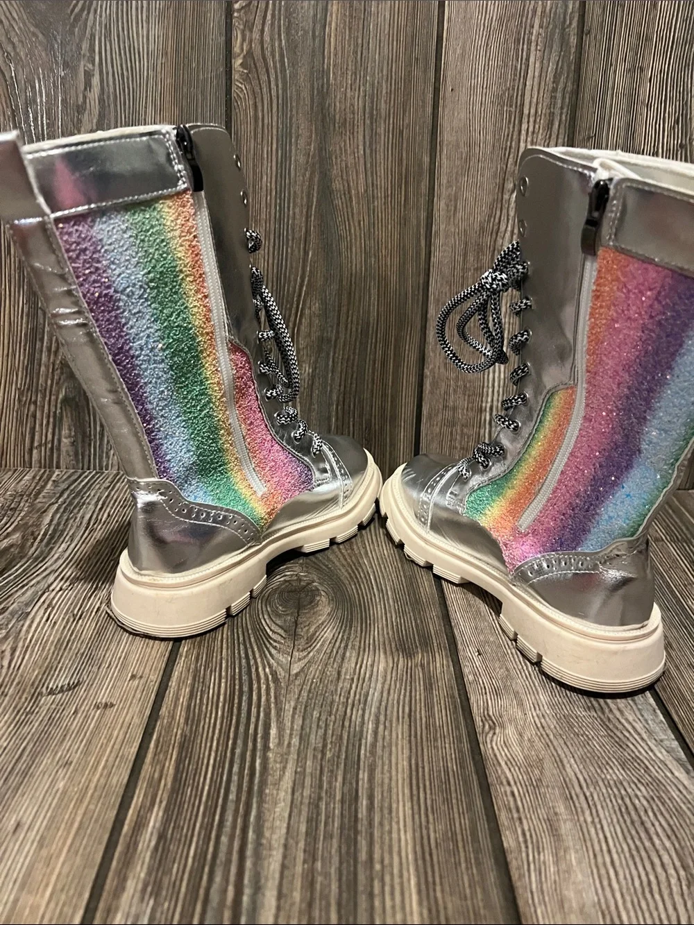 Source Unknown Silver Combat Boots with Rainbow Glitter Panel